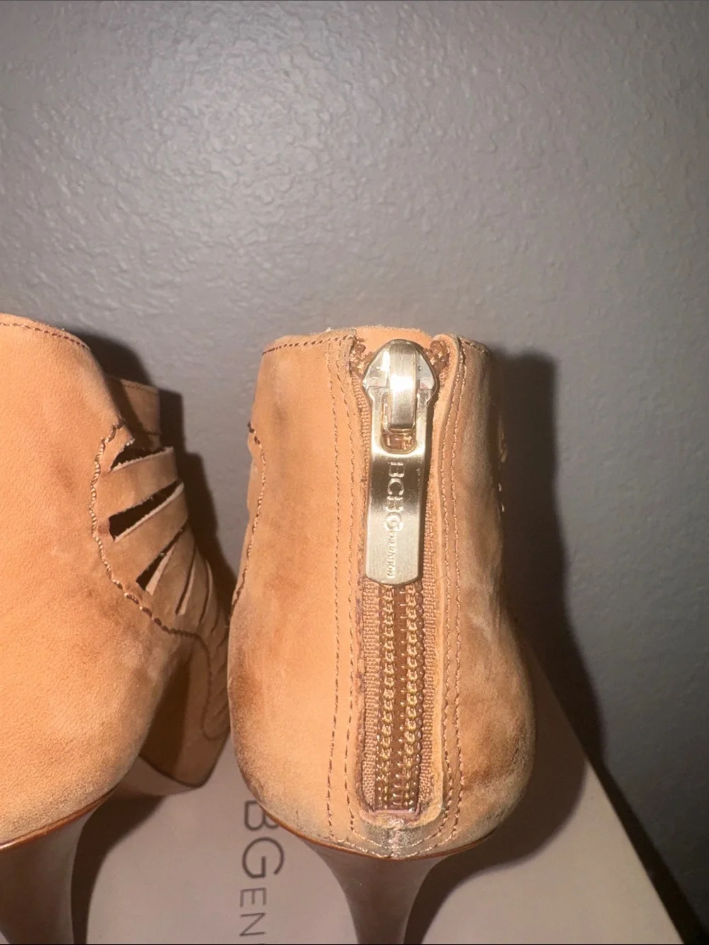 BCBGeneration Tan Cutout Stiletto Ankle Booties